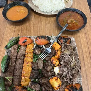 Beef and chicken kabab with beef shawarma and steak tikka, with soup and rice