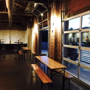 tables and benches in a large room