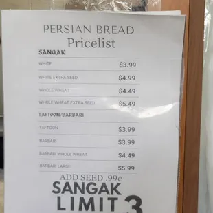 Persian Bread pricelist