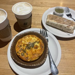 Starting from left is the cappuccino 16oz then a caramel macchiato with the seasonal quiche and the chorizo burrito