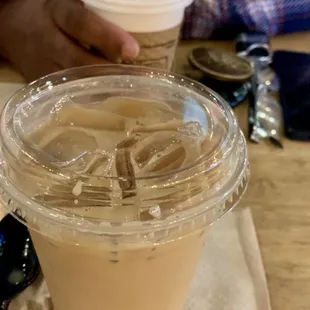 Hot mocha latte and sugar free vanilla iced oat milk latte