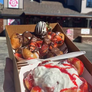 We ordered the chocolate and strawberry &amp;  the strawberry funnel cake donut boats! Both were delicious and made to order. Soooo good!
