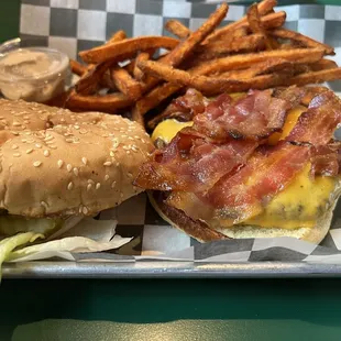 Bacon cheddar burger and sweet potato fries