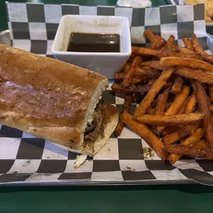 French Dip Au Jus Sandwich and Sweet Potato Fries