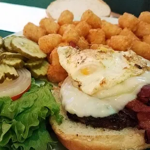 Bacon burger with added fried egg. Excellent.