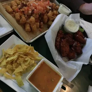 Loaded tots, traditional BBQ wings and chicken tortilla soup