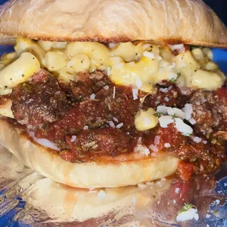 Smashed Meatball Mac N Cheese Sandwich