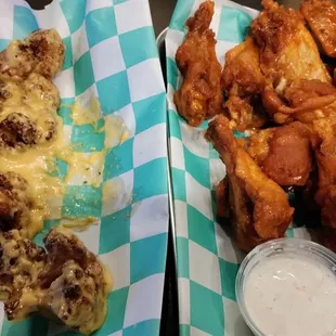 Parm garlic cauliflower and mild none in wings.