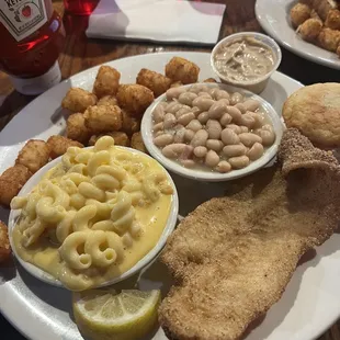 Meat &amp; 3  Catfish, White Beans, Mac &amp; Cheese, Tater Tots, Corn Bread