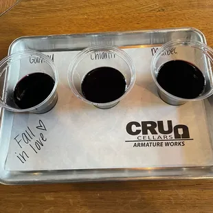 The "Fall in Love" flight; a Gamay, a Chianti, and a Malbec