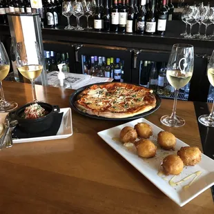 Flights - Wine and Champagne Margarita Pizza Meatballs Goat Cheese Beignets