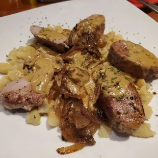 Pork tenderloin with spaetzle- mustard sauce.