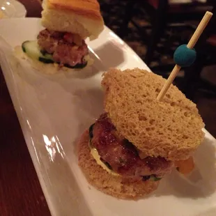 House make pork burger sliders, made gluten free for one and on a Hawaiian roll for the other.