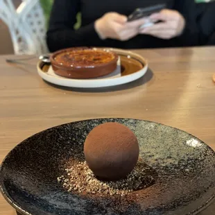 Avocado dessert-not overly sweet, looks small but could hardly finish it And my friend&apos;s Flam/creme brulee