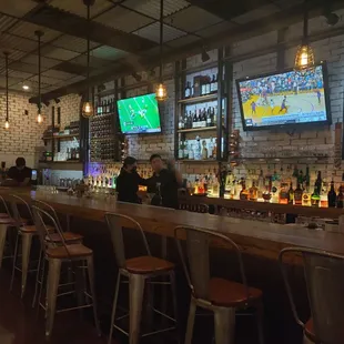 a bar with a row of bar stools