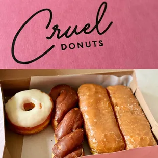 Kalamansi glazed, chocolate twist, cream filled maple bar, original maple bar