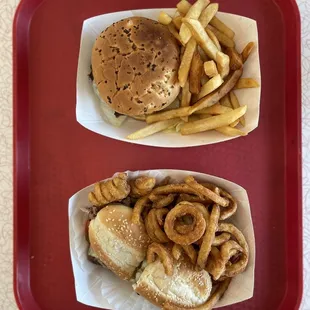 maui burger and philly steak sandwich with sub curly fries -- curly fries were hard, seemed like leftovers