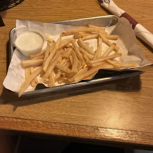 CREAMY ranch, YUMMY french fries, WARM plate