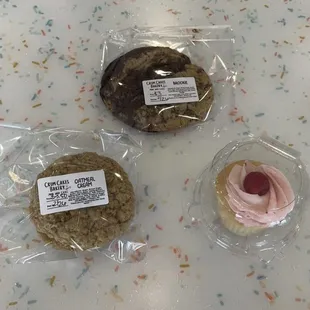 Brookie, oatmeal cream pie sandwich, and raspberry wedding cake cupcake.