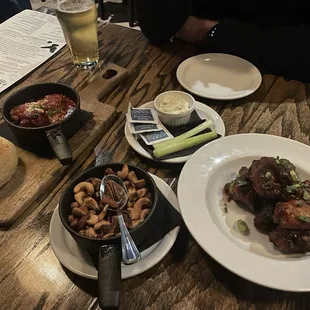 Roasted nuts, bacon wrapped dates, chicken wings