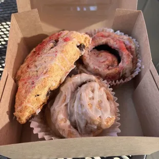 A delicious strawberry scone (my favorite), a cinnamon roll muffin (my husband&apos;s favorite) and a raspberry roll muffin!