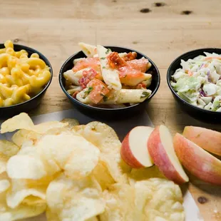 Sides: Mac &amp; Cheese, Pasta Salad, Coleslaw, Chips, Fruit