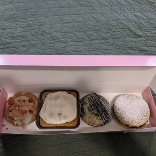 Strawberry Crumb Cake, Cinnamon Square, Cookies and Cream, Cannoli Sandwich