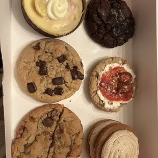 Brownie, strawberry pretzel, churro, chocolate chip, toffee, lemon blueberry cheesecake