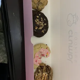chocolate chip cookie, walnut fudge brownie cookie, pink donut cookie, s'mores cookie