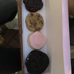brownie batter, milk chocolate chip, pink sugar, oreo mallow sandwich