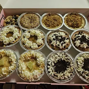Key Lime pies, cookies &amp; creme pies, apple pies, pumpkin pies, French silk pies, pecan pie, and double chocolate chip pies.