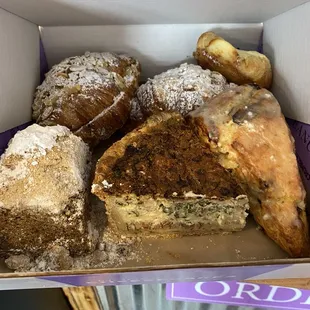 Almond croissant, quiche, coffee cake, cheese danish and scones