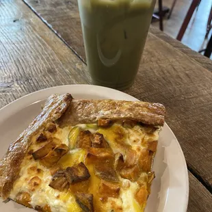 Sweet potato &amp; chèvre galette with iced Strawberry Matcha