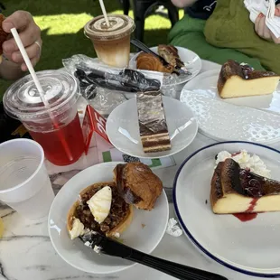 Pecan tart, basque cheesecake, opera cake, chocolate croissant, hibiscus tea, iced latte