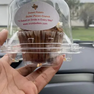 a person holding a cupcake in a plastic container