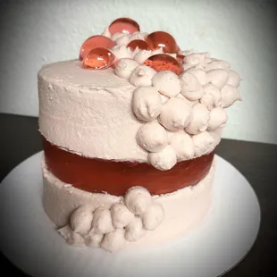 Raspberry Cake w/Raspberry Buttercream Rosé Jello Center.