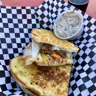 Vegan Sausage grilled cheese. Spicy! With side of potato salad.