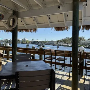 tables and chairs on a dock