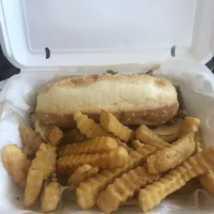 Philly Cheesesteak (Cheese, Mayo, Grilled Onions Only) and Seasoned Fries