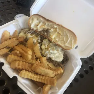 Philly Cheesesteak (Cheese, Mayo, Grilled Onions Only) and Seasoned Fries