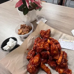 Sweet and spicy chicken with a side radish, I also sampled the garlic chicken and wowwwww!
