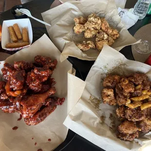 Original, sweet and spicy, crispy garlic chicken, and cheese sticks