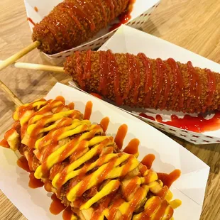 Original dog (top two) and potato mozza (bottom)