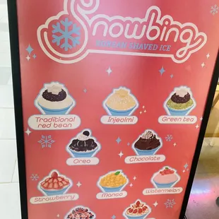Shave ice cream menu