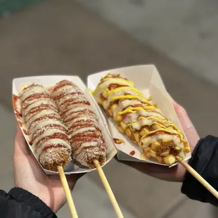 Left - coated in sugar w/ ketchup, honey mustard and a dust of Parmesan. Right - Potato dog with ketchup, honey mustard and mustard.