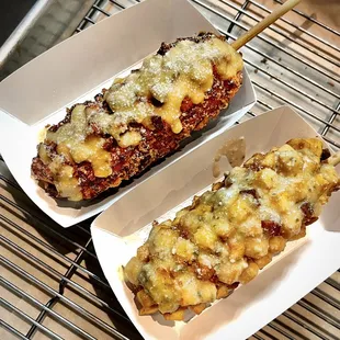 Korean corndogs: All-cheddar with sweet potato and all mozzarella with potato.