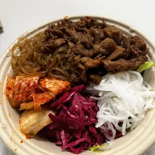 Rice bowl w/pork, japchae noodles, kimchi +