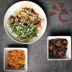 a plate of food and a bowl of rice