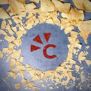 a circle of chips with the letter c in the center