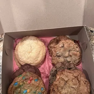 Sugar cookie. Chocolate chip, Oreo, M&amp;Ms, double chocolate chip and chocolate walnut